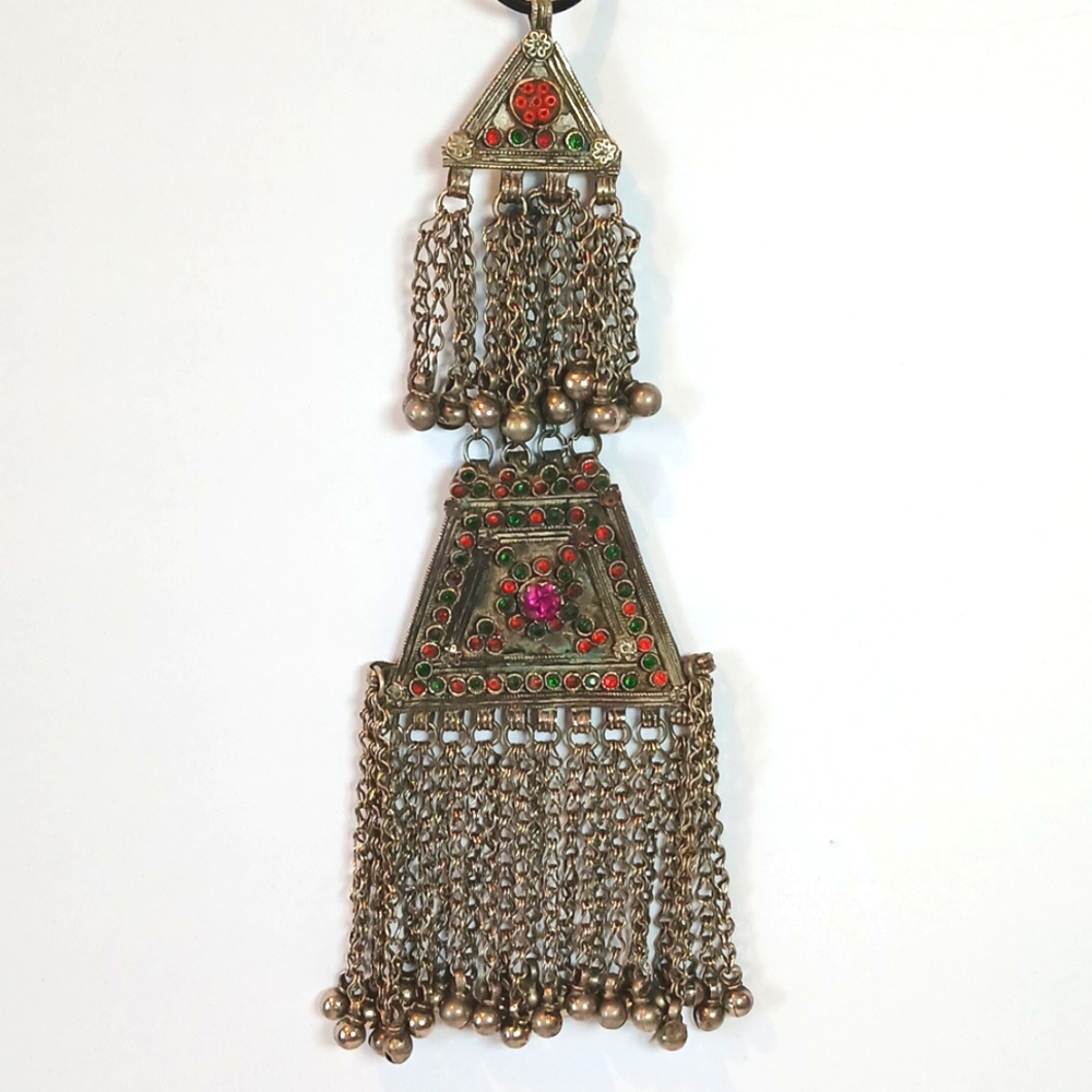 🌟 Antique Kuchi Double Tribal Amulet Bells Glass Gems Bellydance Bohemian
